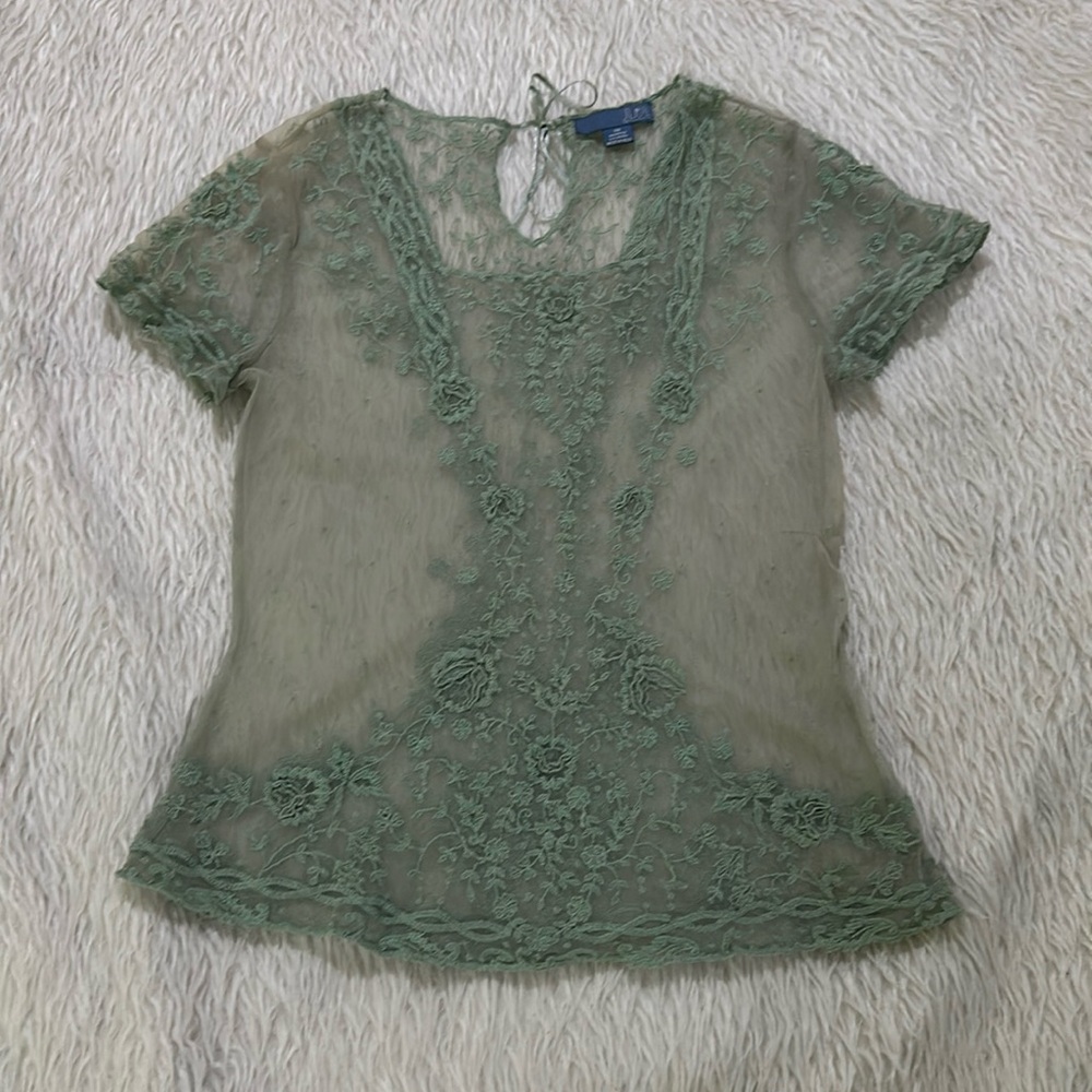 Anthropologie green floral lace boho top size xs